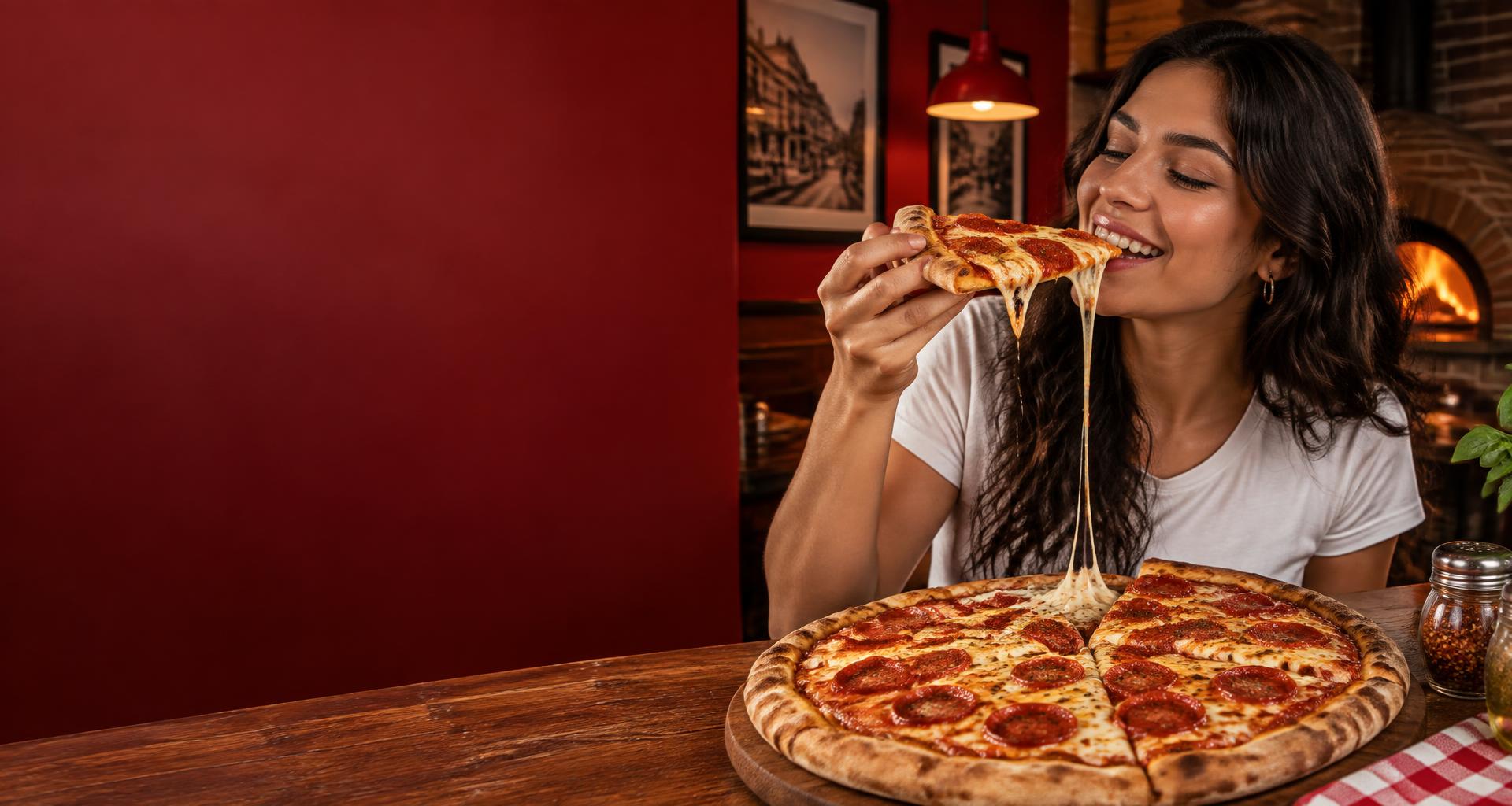 Mujer disfrutando una pizza recién horneada con queso derretido